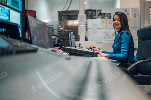 Preview: Middle aged woman using equipment in control room on a tv station