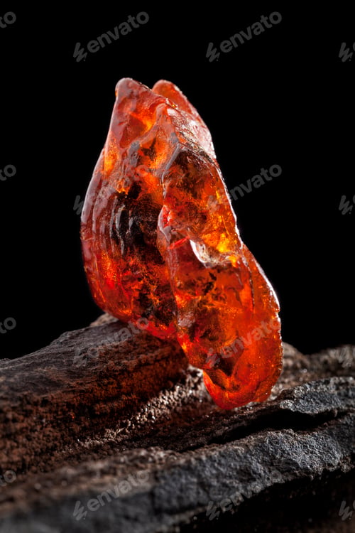 Preview: Natural amber. A piece of yellow and red semi transparent natural amber on piece of stoned wood