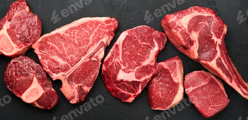 Preview: Raw prime steaks. Variety of fresh black angus prime meat steaks T-bone, New York, Ribeye, Striploin