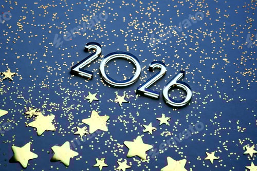 Visualização: Fundo azul festivo abstrato com estrelas douradas e o número é 2026.
