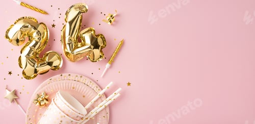 Visualização: Uma cena festiva de aniversário com balões dourados e chapéus de festa