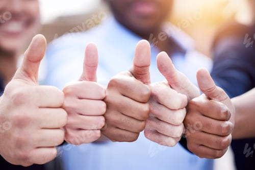 Preview: Shot of a group of unrecognizable businesspeople showing a thumbs up outside