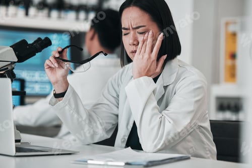 Preview: Stress, headache and scientist woman in laboratory working with microscope, tech and pharmaceutical