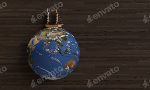 Preview: earth ship boat world wide blue global sea ocean water wooden background copy space discovery sail c