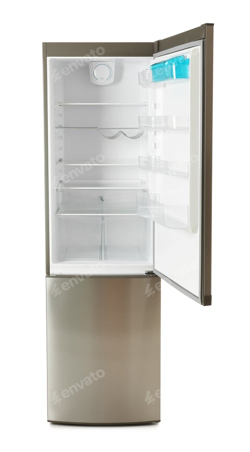 Preview: Modern refrigerator with open door on white background