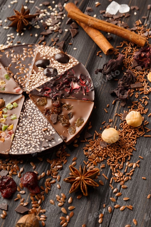 Vorschau: Schokoladenpizza dran? hölzerner Hintergrund