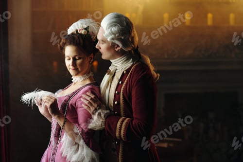 Preview: Caucasian Young Adult Man Embracing Caucasian Young Adult Woman in Baroque Setting