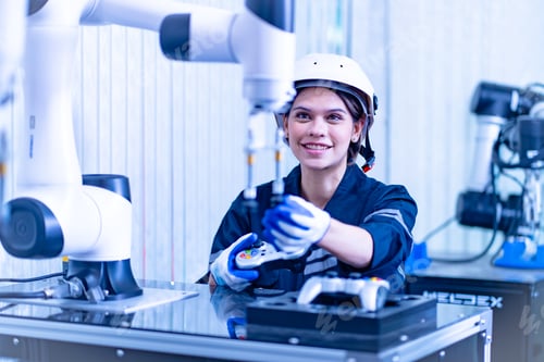 Preview: Female technician programs a robot arm with a digital tablet and assembly robot in a factory