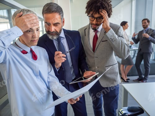 Preview: Business, teamwork, people and crisis concept. Business people solving problem in office