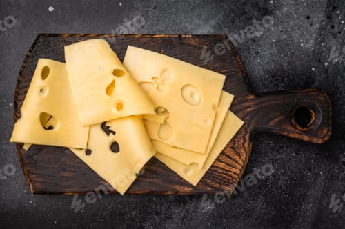 Preview: Swiss emmental cheese slices on wooden cutting board. black background. top view