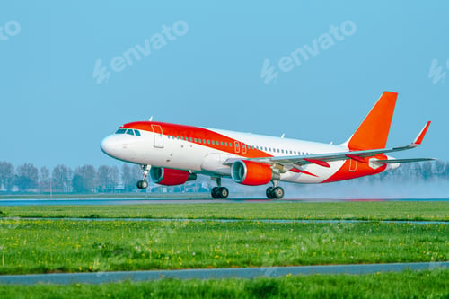 Preview: Passenger Plane Taking Off on Runway in Rainy Condition: Travel Destination Weather