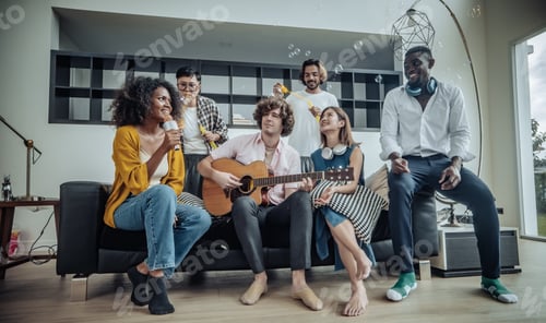 Preview: Lively, diverse friend reunion. Laughter, stories, bonding, music, dance, joyful atmosphere.