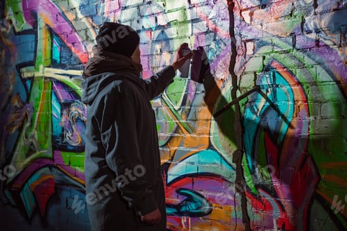 Preview: street artist painting graffiti with aerosol paint on wall at night