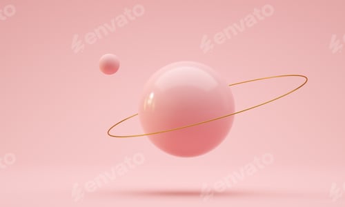 Preview: Floating ball with golden ring and orbital sphere. Pink color. 3d render