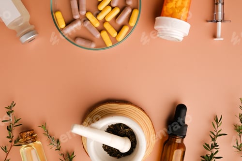 Preview: An assortment of health-related items on a peach-colored background.