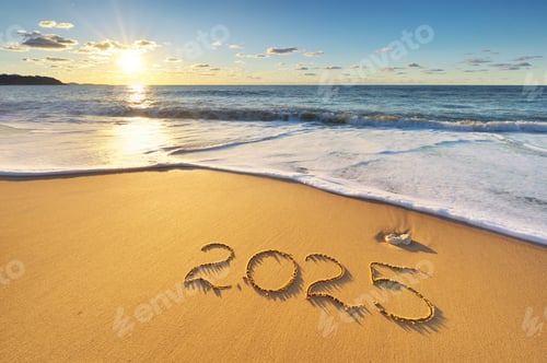 Preview: 2025 year text symbol written on the seashore.