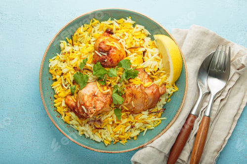 Preview: Traditional Indian dish chicken biryani with cilantro and lemon in a bowl top view on blue