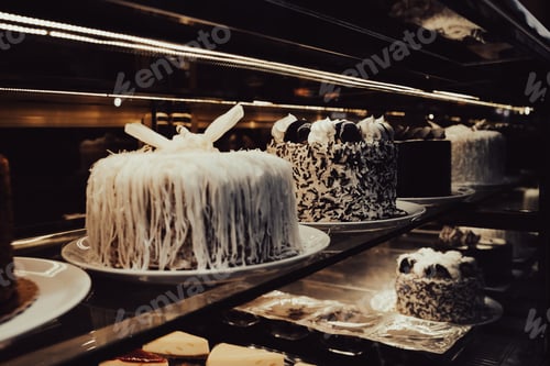 Preview: rows of birthday cake assortments lined up in the window of a sweet shop