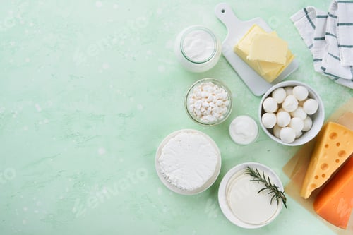 Preview: Dairy products or farm products. Fresh organic dairy products milk, cottage cheese, butter, cream, y