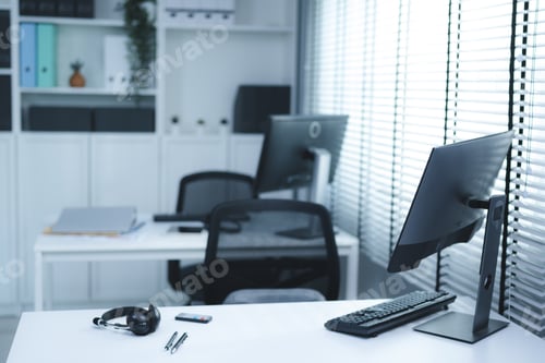Preview: work desk with laptop and documents, books, modern interior of cozy cabinet