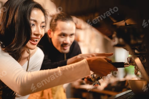Preview: Opening a small entrepreneur business, Happy young Asian woman barista in an apron