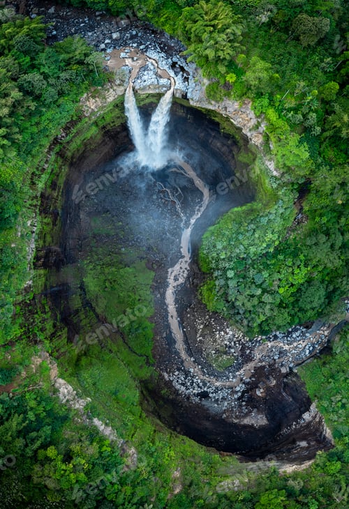 Preview: Aerial top view from above of Tumpak Sewu waterfall, East Java, Indonesia