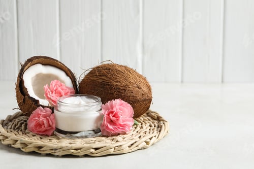 Preview: Concept of body and skin care accessories - coconut cosmetic