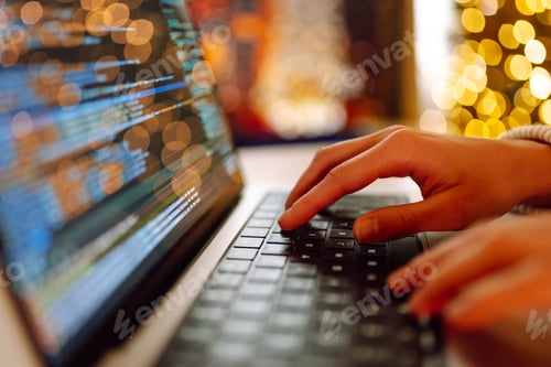 Preview: Close-up of hands working on a laptop keyboard. Freelance, online course. Shopping online.