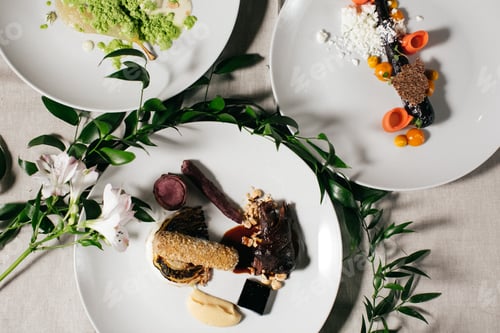 Preview: Delicious cooked vegetables. Dill snow. Michelin star food on gourmet French restaurant