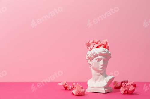 Preview: Ancient head with paper balls on pink background