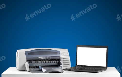 Preview: Printer and computer. Office table