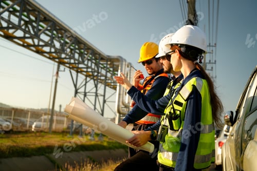 Preview: Workers discuss plans at a construction site near a conveyor system in the afternoon sun