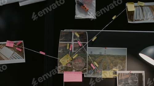 Preview: Empty detective office with clues and case files on board,