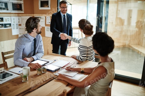 Preview: Shot of two businesspeople shaking hands in an office while colleagues look on
