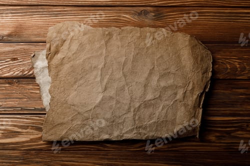 Preview: brown aged parchment sheet lying on wooden background