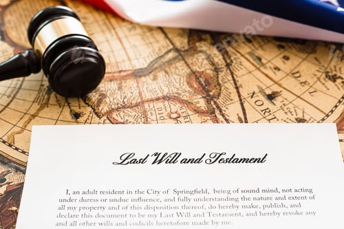Preview: Document of last wills and testament, background with gavel of a lawyer and American flag.