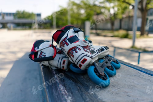 Preview: roller skates lie on the sports court in the skate park before start of the street sports equipment