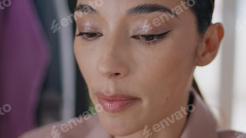 Preview: Closeup makeup model talking at house. Serious woman speaking alone at studio