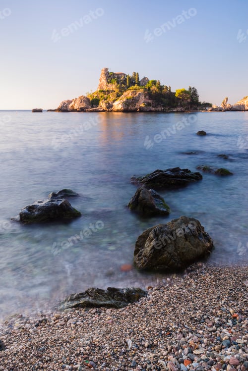 Preview: Isola Bella Island at Isola Bella Beach in the first morning light at Taormina, Sicily, Italy, Europ