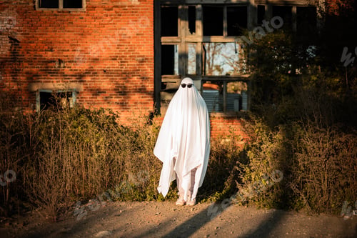 Preview: Celebrating halloween. Ghost Challenge 2021. Spooky trend season. A man in a ghost costume made from