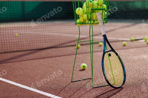 Preview: tennis racket against the background of a basket of balls on a tennis court