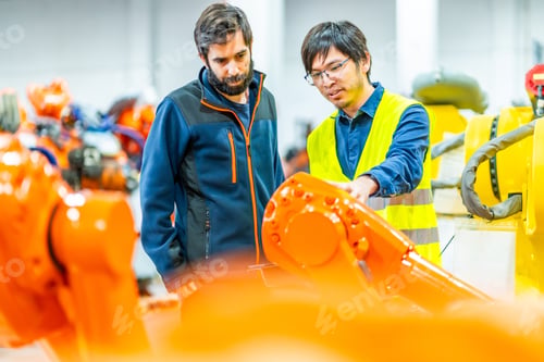 Preview: Engineers controlling assembly line of a robotics manufacturing factory