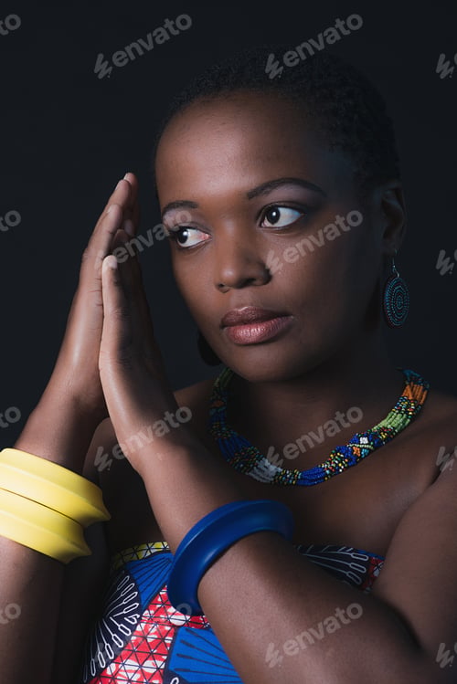 Preview: Traditional South African Xhosa Woman Wearing Colorful Fabric.