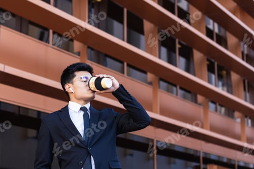 Preview: Young businessman with coffee standing outside office building