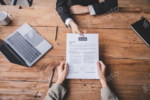 Preview: Portrait of a person interviewing for a job and
Submit resume to staff job application concept