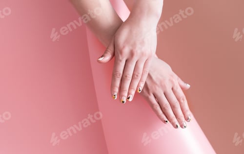 Preview: Closeup view of woman with beautiful hands on color background, space for text