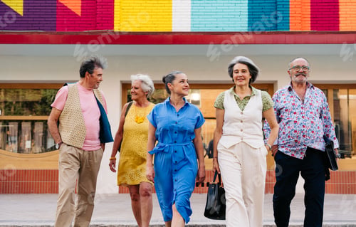 Preview: Group of senior friends meeting outddors in the city and having fun