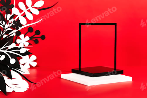 Preview: scene on red background with black empty podium and handmade white and black paper cut flowers