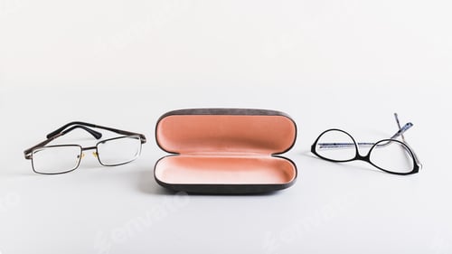 Preview: Open hard storage case and eyeglasses nearby on the table web banner