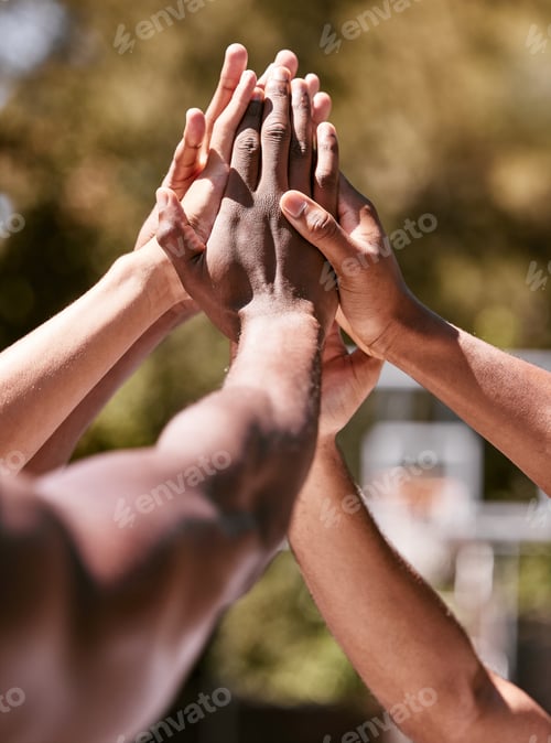 Preview: Team, basketball and hands doing high five after success, winning and goal in sports game. Diversit